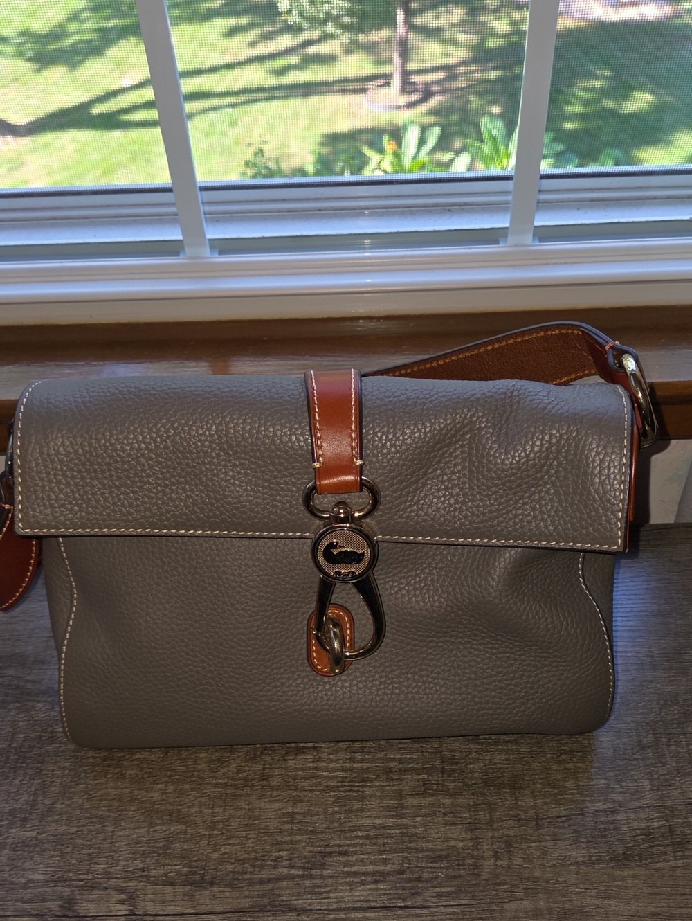 Dooney & Bourke Gray Leather Messenger with Tan Trim